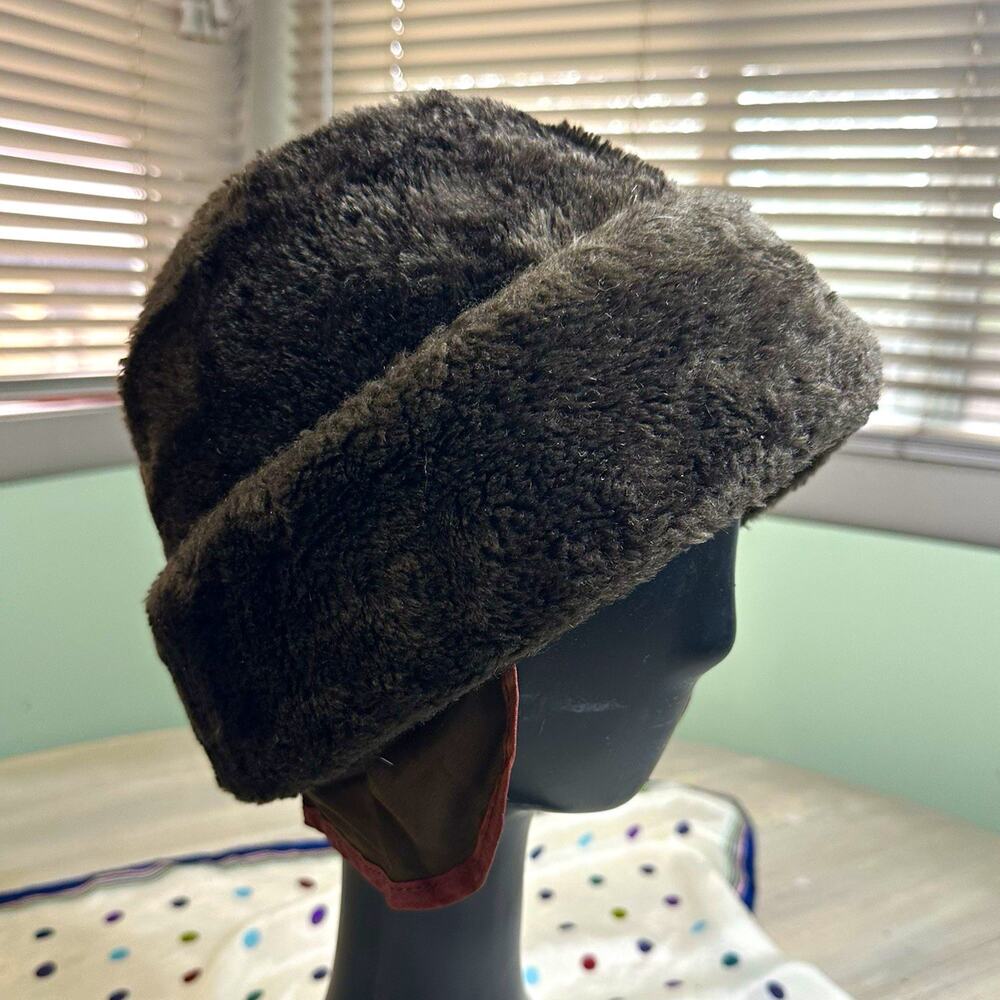 Vintage Brown Solid Faux Fur Satin Lined Hat One Size Fall Winter Casual